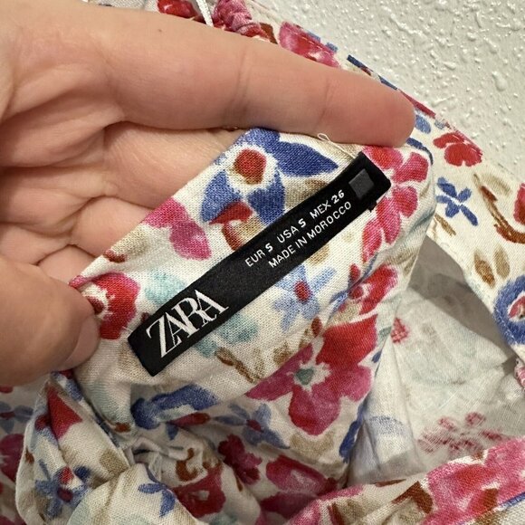 Zara Womens S White Linen Blend Floral Printed Blouse Top Puff Sleeve Tie Back - Picture 11 of 13